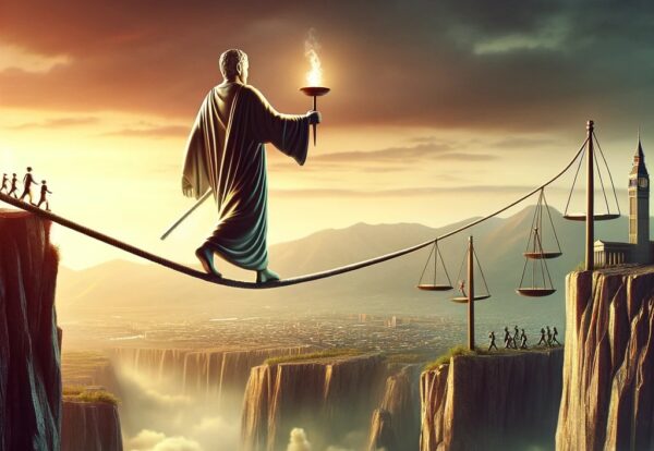 DALL·E 2024-03-29 18.18.07 - Create an image depicting the metaphor of democracy being on a tightrope, illustrating the delicate balance required to maintain a democratic system.