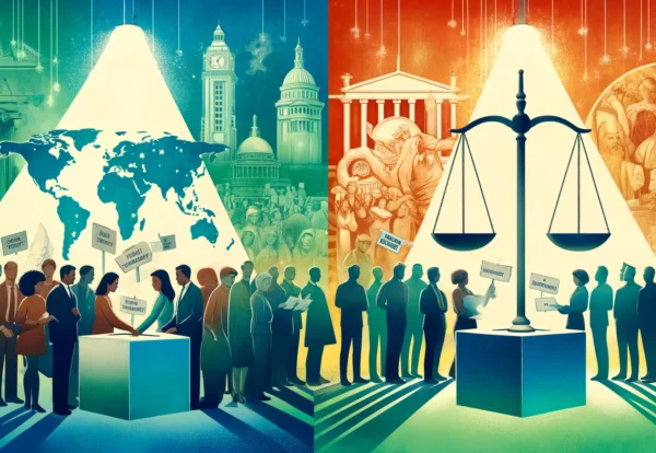 DALL·E 2024-04-11 14.26.11 - A horizontal collage illustrating the theme of democracy around the world on a vibrant and light background. On one side, a diverse group of people (A